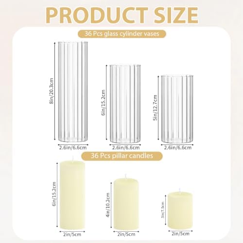 36 Pack Ivory Pillar Candles + 36 Pack Vertical Ribbed Clear Glass Cylinder Holders, Hurricane Candle Shades for Wedding, Home, Party Table Centerpieces Decor - Image 2