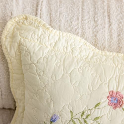 vctops Set of 2 Cotton Quilted Embroidered Decorative Square Throw Pillow Covers with Scalloped Floral Soft Cushion Case for Couch Sofa Bed (Flower E,18"x18") - Image 4