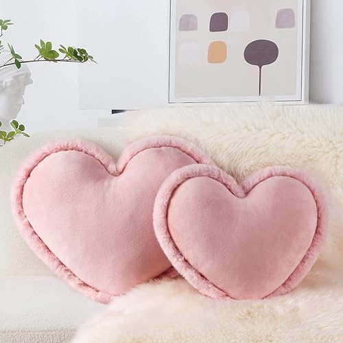 AELS Heart Shaped Pillow, Set of 2, Heart Decorative Throw Pillows, Soft Velvet Love Pillows with Faux Fur Fringe, Cute Pillow 20 & 16 Inches, Valentines Day Decorations, Wedding Decor, Pink by AELS