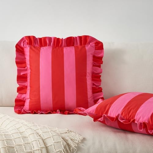 MONDAY MOOSE Decorative Throw Pillow Covers, Set of 2 Water-Resistant Striped Design with Ruffle Edge for Outdoor/Indoor Use, Pillow Inserts Not Included (22x22 inch, Hot Pink/Red) - Image 6