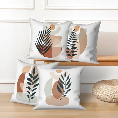 Boho Abstract Throw Pillow Covers 26"x26" Set of 4, Plant Leaves Geometric Minimalist Aesthetic Pillowcase for Sofa Chair Couch Bed Living Room Office Garden Patio Farmhouse Decorative - Image 3