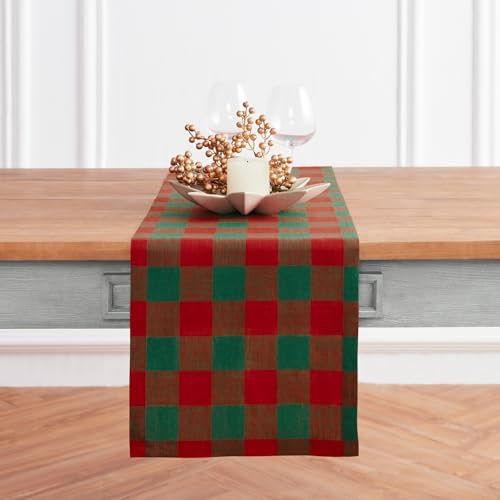 Solino Home 100% Pure Linen Table Runner, 14 x 144 in, Red and Green Check by SolinoHome