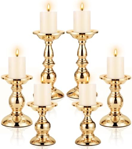 6 Pcs Gold Metal Pillar Candle Holder, 5.31, 6.50, 8.46 Inch Tall by Ferrochef