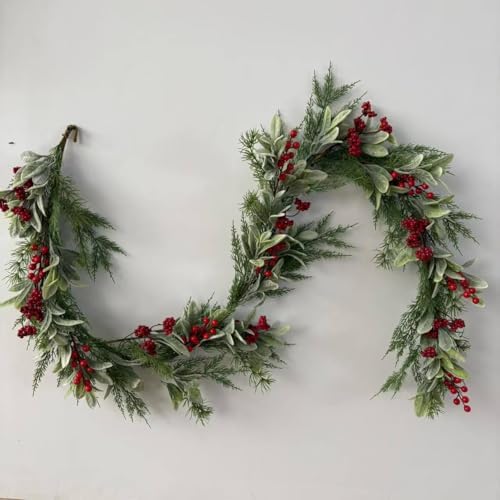 NeoL'artes 6.5 ft Mixed Artificial Pine & Eucalyptus Christmas Garland with Red Berries, Evergreen Plants, Cedar or Pine Branches, and Frosted Leaves for Winter Home Decor by NeoL%27artes