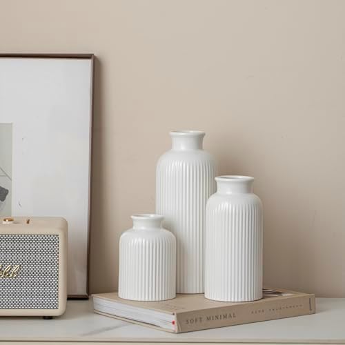 Large Modern Ceramic Vase Set, White Ribbed Matte Design, 10 Inch Tall, 4 Inch Width, 3-Piece Decorative Vases for Home, Living Room, Office (XL Matte Glaze White) - Image 6