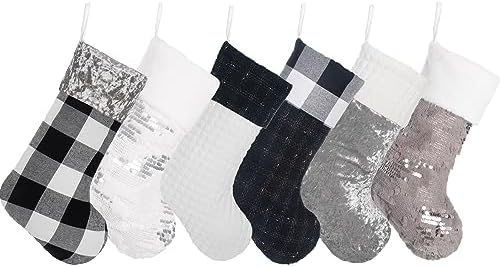 LUBOT 6 Pack Christmas Stockings Large Family Xmas Stocking Black White Gray Contrast Match Flannel Plaid Plush Sequins Hanging for Decorations Holiday - Image 5