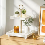 Modern 2 Tier White Rectangular Decorative Tray with Gold Handle - Image 2