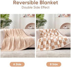 Snuggle Sac Checkered Throw Blanket Faux Fur Microfiber Blankets for Couch,Reversible Soft Cozy Warm Blanket for Sofa Bedroom,Cute Lightweight Striped Throws for Women,Heather Beige,60x80 inches - Image 3
