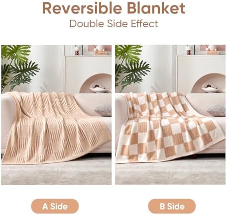 Snuggle Sac Checkered Throw Blanket Faux Fur Microfiber Blankets for Couch,Reversible Soft Cozy Warm Blanket for Sofa Bedroom,Cute Lightweight Striped Throws for Women,Heather Beige,60x80 inches - Image 3