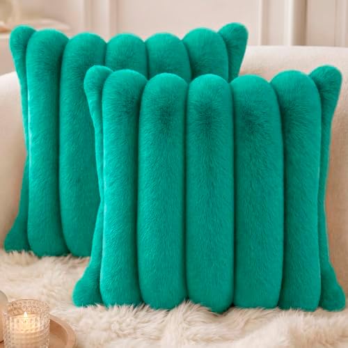 Faux Fur Decorative Throw Pillow Covers 20x20 Set of 2, Green by Symplora