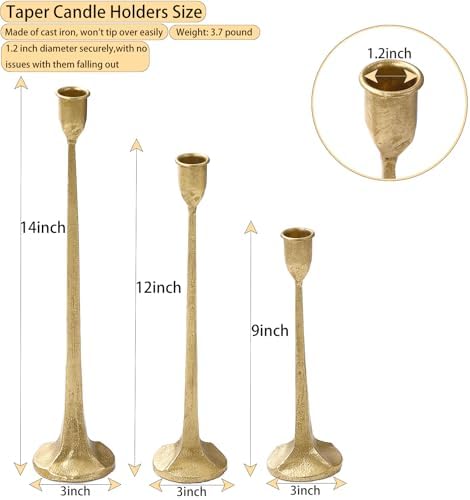 Gold Taper Candle Holders Set of 3, Heavy Candlestick Holders Decorative Candle Stand for Table Centerpiece, Cast Iron Candle Stick Holder Decor - Image 3