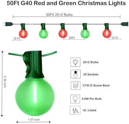 50Ft G40 Outdoor Christmas Lights, LED G40 Colored Christmas Lights with 27 Shatterproof Frosted Globe Light Bulbs(2 Spare) for Holiday Gifts Bistro Balcony Roofline Garden Decor-Red and Green - Image 2