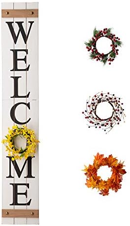 Glitzhome 60”H Welcome Sign with 4 Interchangeable Floral Wreaths for Front Door Porch Farmhouse Wooden Hanging Wall Sign for Seasons Spring Fall Harvest Thanksgiving Christmas by Glitzhome
