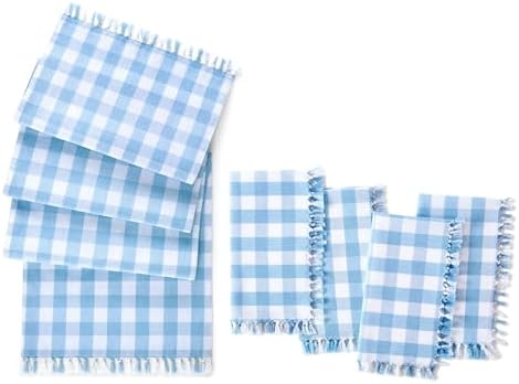 Knotted Gingham Table Runner and Napkin Set of 4, Blue - 13" W x 70" L by ElreneHomeFashions