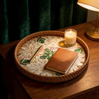 Boho Handwoven Rattan Tray with Mother of Pearl Inlay, 35cm Round Decorative Tray, Wooden Base Serving Tray for Breakfast, Vanity, Coffee Table & Wall Hanging Decor (Size:Big, Pattern:Seaweed) - Image 2