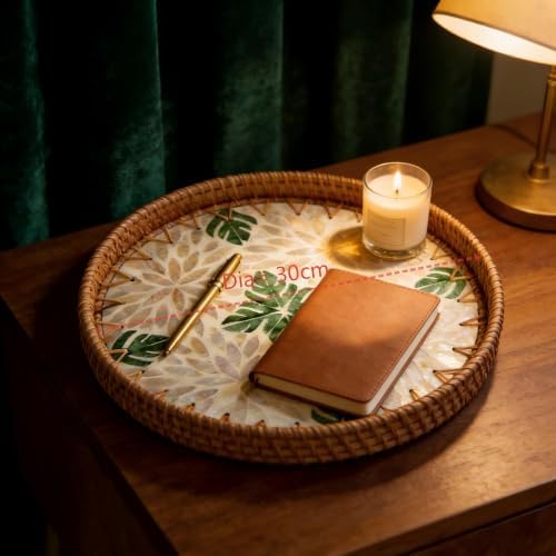 Boho Handwoven Rattan Tray with Mother of Pearl Inlay, 35cm Round Decorative Tray, Wooden Base Serving Tray for Breakfast, Vanity, Coffee Table & Wall Hanging Decor (Size:Big, Pattern:Seaweed) - Image 2