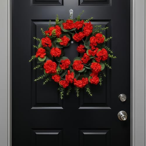 Red Artificial Geranium Wreath, 22 Inch Spring Summer Wreaths for Front Door with Blessed Hanging Sign, for Rustic Farmhouse Decor for Entryway, Porch, Balcony Decor by KuiMen