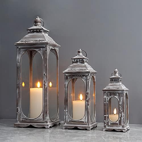TRIROCKS Set of 3 Vintage Candle Lanterns 10/14/19.5''H Decorative Outdoor Lantern Metal Candle Holder with Tempered Glass for Home Living Room Garden Yard Parties Event Indoors Outdoors (Cement Grey) by TRIROCKS