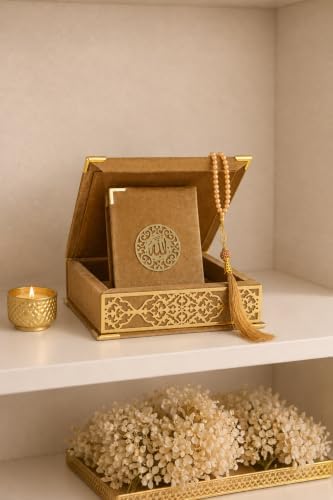 Velvet Covered Quran and Pearl Tasbih in Wooden Decorative Box | Quran Gift Box | Islamic Gift Set | Islamic Birthday, Wedding Gift | Muslim Eid Ramadan Gift (Gold) by VOGUEHOMEDECOR