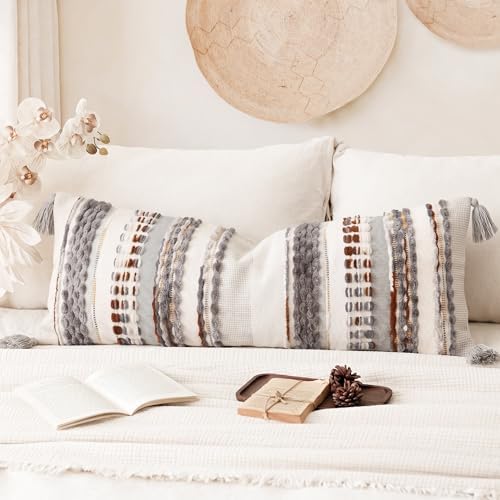 NUYECY Chenille and Cotton Long Pillow for Bed, Striped Textured Boho Lumbar Throw Pillow Cover 14x36, Neutral Accent Decorative Extra Long Body Pillow Case for Couch, Sofa, Bedroom, Brown-Grey by NUYECY