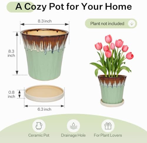 8.3 Inch Ceramic Planters with Drainage Hole and Saucer,Indoor Outdoor Large Flower Pots, Garden Pot for Plant Lovers (Drip Green) - Image 6