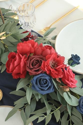 Floroom 6ft Artificial Eucalyptus Garland with Flowers Fake Greenery Faux Floral Vine Garland for Table Decor Wedding Centerpieces Bridal Shower Party Decorations, Dark Red Burgundy Navy - Image 3