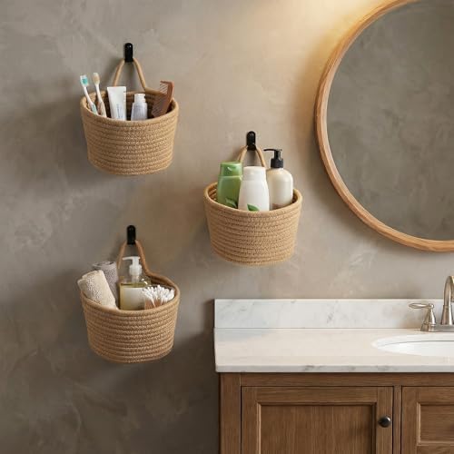 6 PCS Wall Hanging Basket Set Handwoven Cotton Rope Hanging Fruit Basket Organizer with Hooks Boho Decorative Storage Bins for Home Kitchen Office Door Wall - Image 5