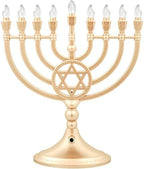 The Dreidel Company Traditional LED Electric Gold Hanukkah Menorah - Large Size 13-Inches Tall Battery or USB Powered - Includes a Micro USB Charging Cable - Image 2