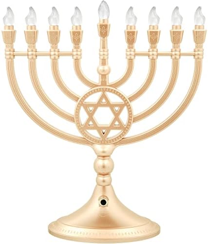The Dreidel Company Traditional LED Electric Gold Hanukkah Menorah - Large Size 13-Inches Tall Battery or USB Powered - Includes a Micro USB Charging Cable - Image 2