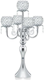 Silver 5 Arms 22.5 Inch Crystal Exquisite Candle Holder with Pendant, Elegant Table Decoration Home Decor for Restaurant Party Birthday Wedding Date by kehail