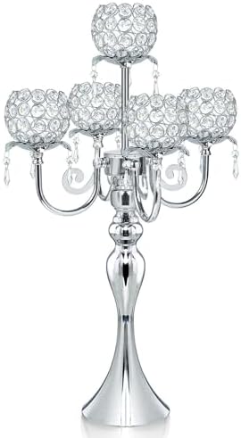 Silver 5 Arms 22.5 Inch Crystal Exquisite Candle Holder with Pendant, Elegant Table Decoration Home Decor for Restaurant Party Birthday Wedding Date by kehail
