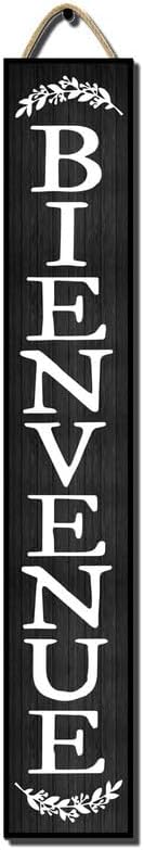 48x8 Inch Rustic Farmhouse Style Vertical Welcome Sign for Front Porch - Wood Plank Set, Classic "Bienvenue" Print, Fits Indoor & Outdoor Spaces by Hilonret