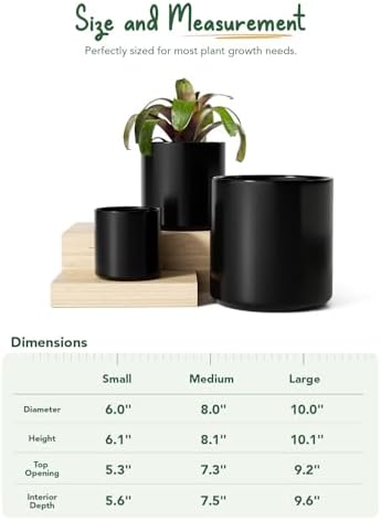 LE TAUCI 10+8+6 Inch Ceramic Pots for Plants, Indoor Planters with Drainage Hole and Plug, Modern Cylinder Flower Pots Set of 3 for Office and Living Room, Satin, Black - Image 2