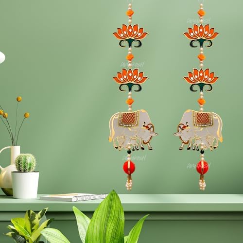 Divyakosh Mandir Door Decorations Items, Temple Decoration Items, Orange Lotus with Cow Calf Hanging/Latkan for Ganpati & Diwali Home Decor, Door Entrance Decor| 2 Pieces | 18 Inch | - Image 5