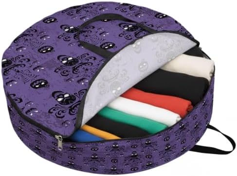 24 Inch Round Storage Bag 1 Pack,Happy Halloween Scary Pumpkin Skeleton Waterproof Wreath Storage Container with Handles&Zipper Purple Black Closet Organizer Bags Garland Box - Image 2