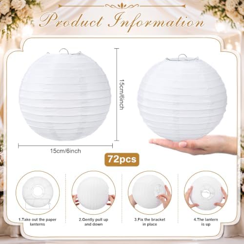 Treela 72 Pack White Chinese Paper Lanterns for Wedding Party Decor, 6" - Image 2