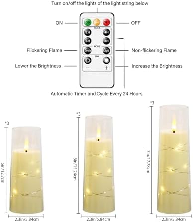 Nimiko Flickering Flameless LED Candles,Battery Operated Candles 9 Pcs with Embedded Star String,Acrylic LED Pillar Candles with Remote,Suitable for Home Decoration to Create an Atmosphere (Ivory) - Image 2