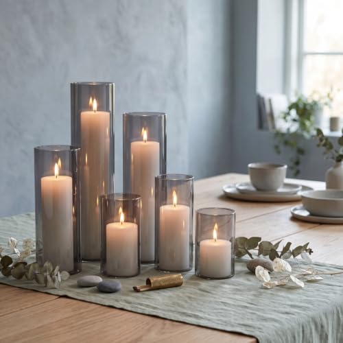 Shihanee 6 Glass Cylinder Vase Pillar Candle,White, Smoky Black,Set of 6 - Image 4