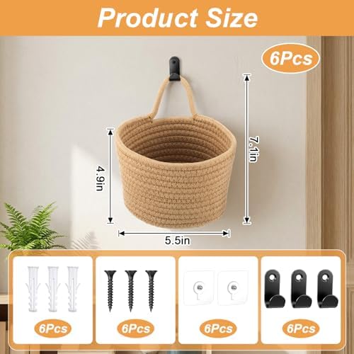 6 PCS Wall Hanging Basket Set Handwoven Cotton Rope Hanging Fruit Basket Organizer with Hooks Boho Decorative Storage Bins for Home Kitchen Office Door Wall - Image 2