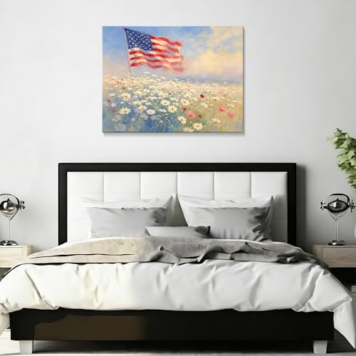 Patriotic Canvas Wall Art 4th of July American Flag in Daisy Field Oil Painting USA Flag Floral Picture Wall Decor Independence Day Home Decor for Living Room Bedroom 24x32in - Image 6