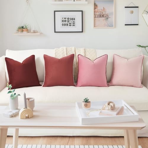 MONDAY MOOSE Decorative Throw Pillow Covers Cushion Cases, Set of 4 Soft Velvet Modern Double-Sided Designs, Mix and Match, Pillow Inserts Not Included (16x16 inch, Pink/Dark Pink) - Image 2