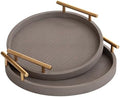 2 Piece Coffee Brown Round Serving Tray with Handles, Woven-Texture Faux Leather Ottoman Tray for Living Room, Decorative Tray for Coffee Table Home Decor by MACVAD