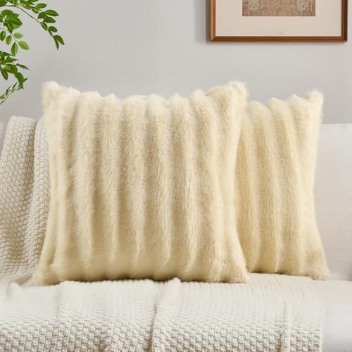 FUTEI Pack of 2 Faux Mink Fur Throw Pillow Covers 20x20 Inch, Beige by FUTEI