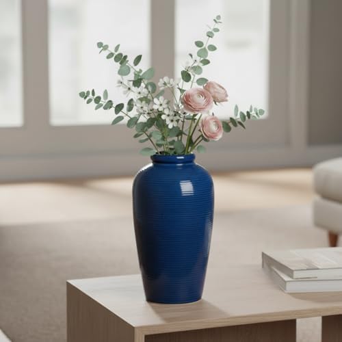 Blue Ceramic Vases Home Decor - 11 Inch Tall Farmhouse Vases for Flowers, Modern Textured Vase for Centerpieces, Living Room, Kitchen Island Decor, Fireplace, Entryway Decorations - Image 4