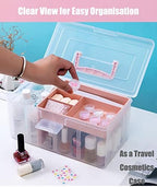 Clear Plastic Office Supply Art & Craft Storage Box, Sewing Box Organiser Large with a Removable Tray & Adjustable Partition, Portable Travel Makeup Case (Clear & pink) - Image 4