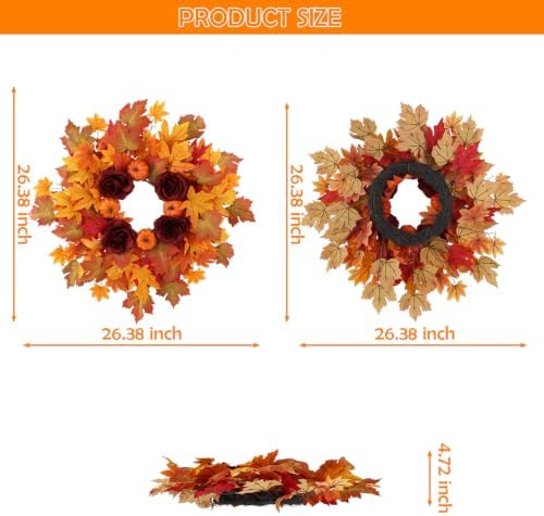 26Inch Fall Wreaths for Front Door, Autumn Door Wreath with Pumpkin,Rose,Berries for Indoor Outdoor Decor Thanksgiving Harvest Festival Celebrations - Image 3