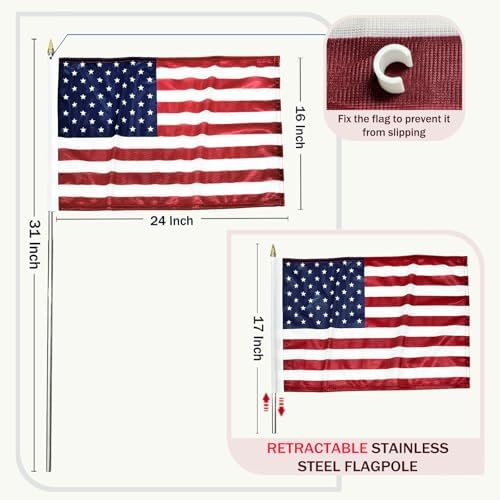 JRED 6 Pack Small American Flags on Stick, 16x24 Inch Handheld US Flag, with Retractable Stainless Steel Pole Safety Spear Top, 4th of July USA 250th Anniversary Decorations - Image 3