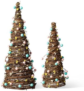 Glitzhome Set of 2 Easter Rattan Table Trees, Decorative Rattan Table Tree with Pink Blue Berries Balls Table Centerpiece for Easter Day Party Festival Home Decor - Image 7