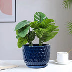 Ceramic Flower Pots with Drainage Hole and Saucer, North European Style Round Indoor Succulent Planters with Honeycomb Inspired Texture Design, Small to Medium-Sized, Set of 3, Navy Blue - Image 7