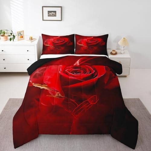 Erosebridal Red Rose Floral Bedding Set Full Size,Romantic Flowers Down Comforter for Girls Valentine's Day Gift,3D Digital Printed Duvet Set 3Pcs Soft Bedding Comforter Sets with 2 Pillow Shams by Erosebridal
